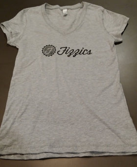 Ladies Short Sleeve Heather Grey V-neck with Distressed FIZZICS Logo