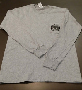 Long Sleeve Grey Pocket T-Shirt with Distressed Fizzics Logos Front & Back
