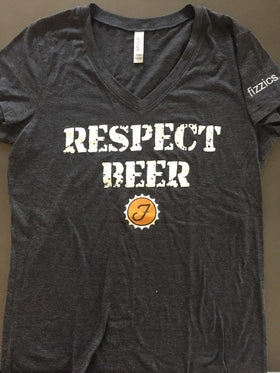 Ladies Short Sleeve Grey V-Neck "Respect Beer"